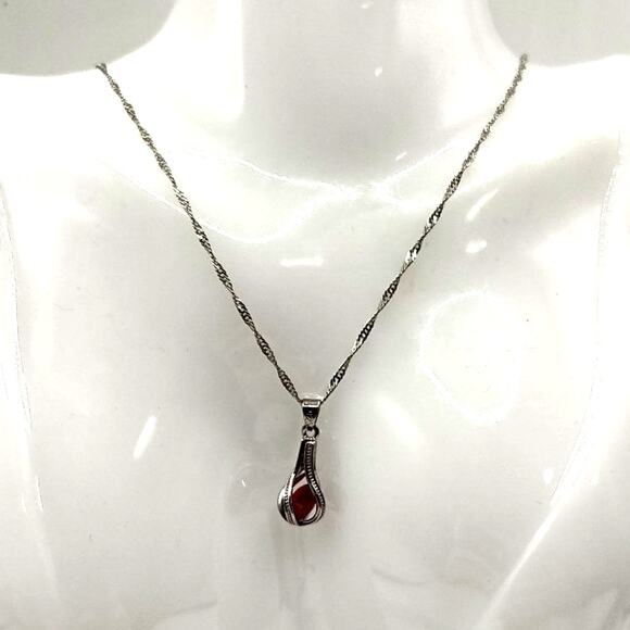924 Silver Necklace W/ Lab Ruby Teardrop Pendant Anniversary Birthday Gift NEW